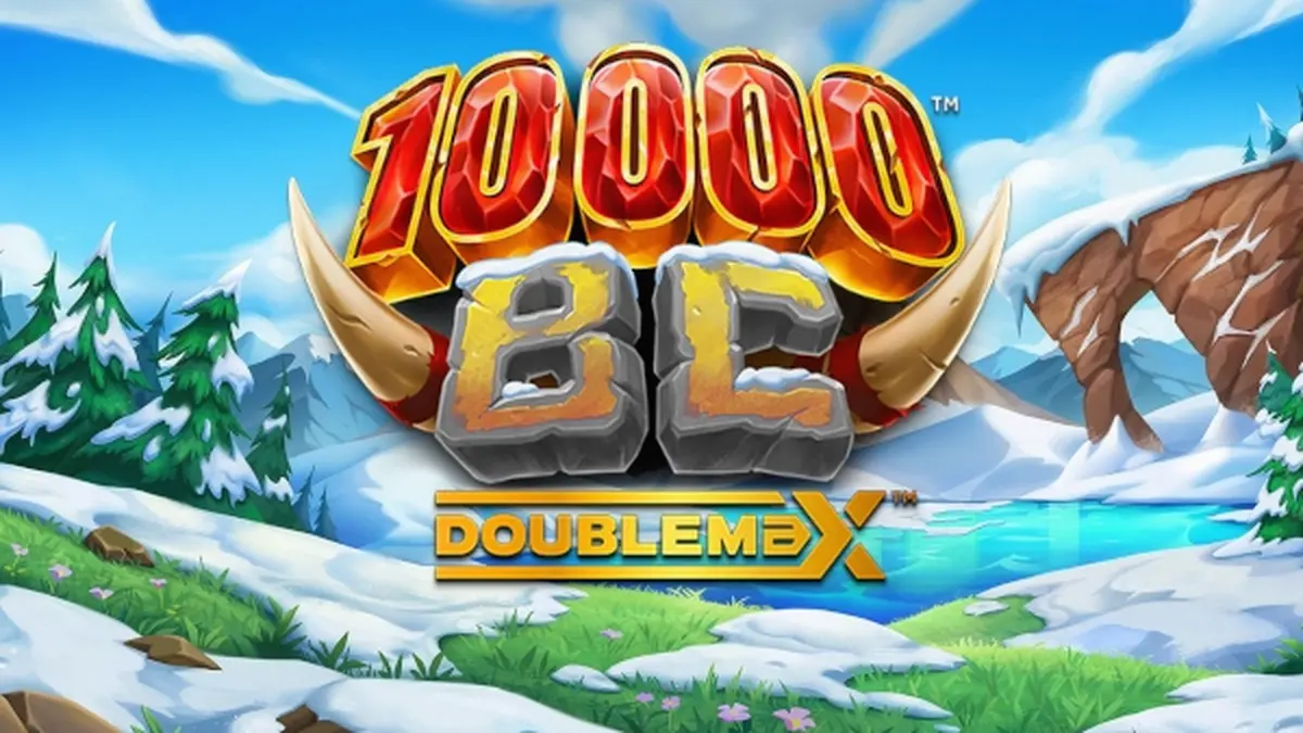 Interface do jogo 10000 BC DoubleMax com símbolos de animais pré-históricos e multiplicadores.