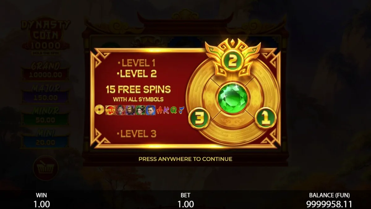 Interface do slot Dynasty Coin 10,000 com tema oriental e moedas brilhantes