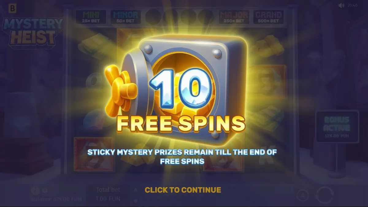 Interface visual cinematográfica e luxuosa do slot Mystery Heist com tema de assalto